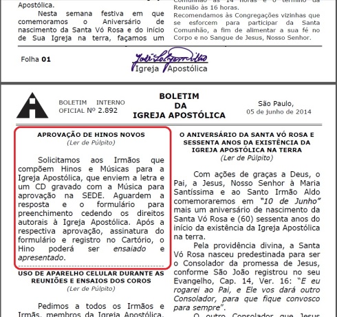 Boletim da Igreja Apostólica - 05/06/2014